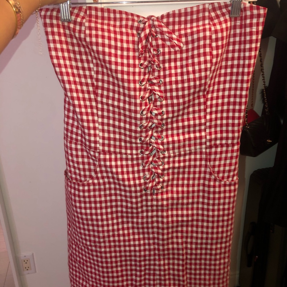 Reformation red gingham strapless dress